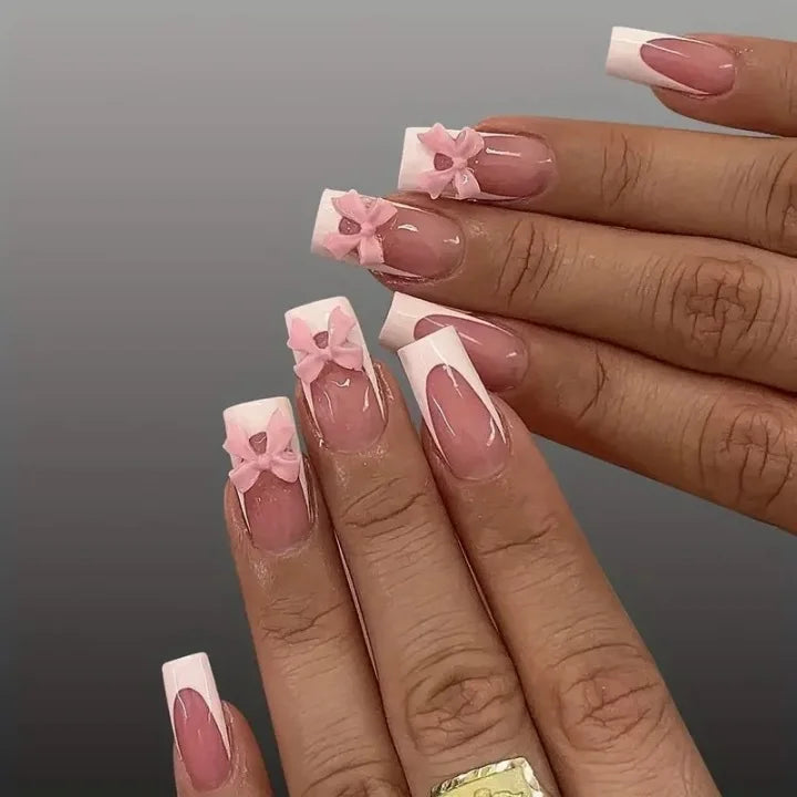 Soft Pink Bow Premium Set mit Schleifen-Akzenten – Soft Gel Press-On Nails