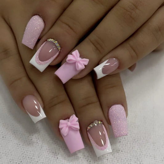 Elegant Pink Limited Set mit Glitzer & Schleifen – Soft Gel Press-On Nails