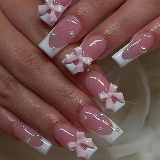 Pink Bow & Pearl Premium Set – Soft Gel Press-On Nails